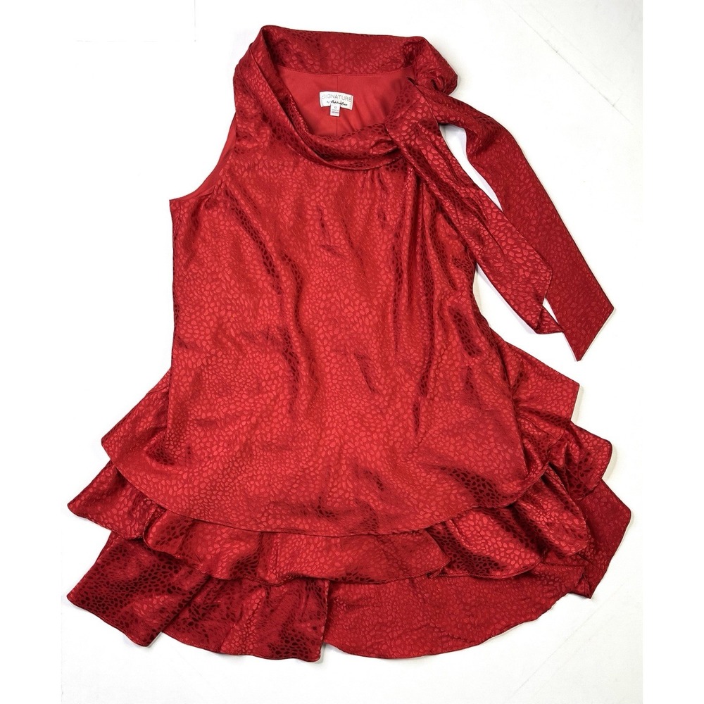 Signature By Robbie Bee Dress Women's 12 Red Bow-Neck Tiered-Hem Trapeze